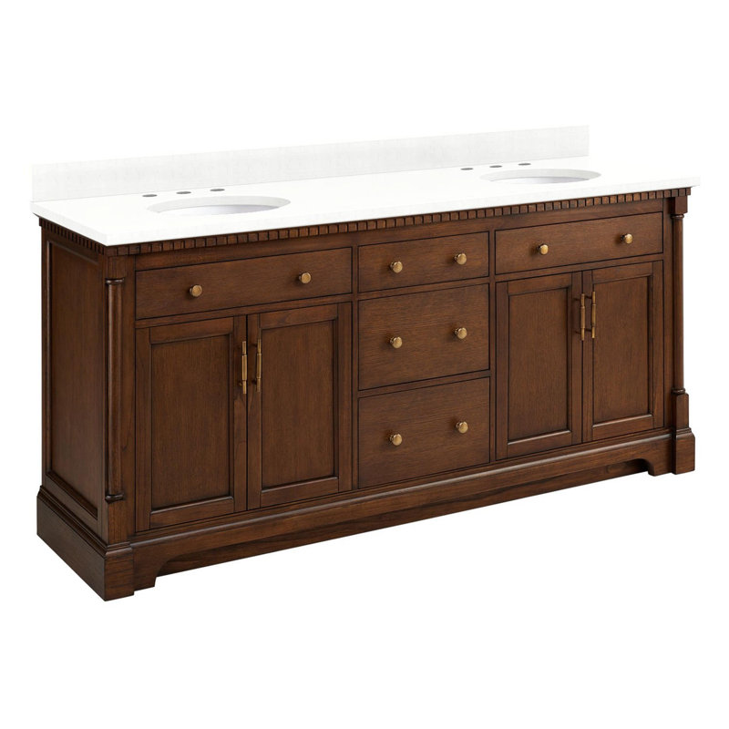 Claudia 72" Freestanding Mahogany Double Basin Vanity Set with Cabinet, Vanity Top, Feathered White Quartz, Antique Brass