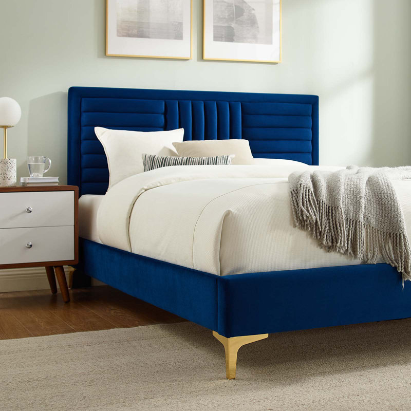 Modway Sofia Channel Tufted Performance Velvet Platform Bed, Queen, Navy
