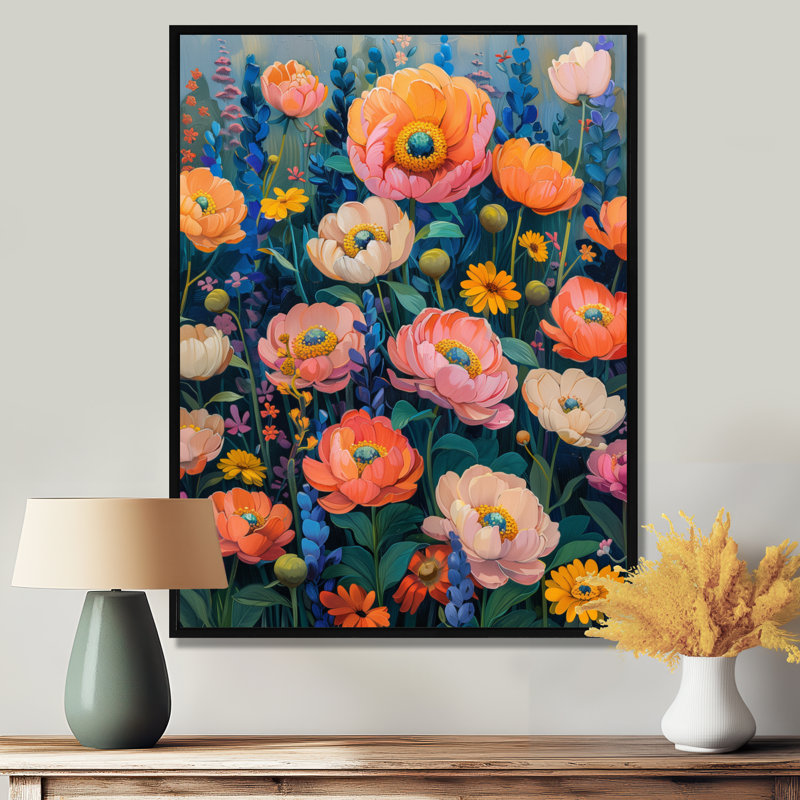 Fleurs bleues et orange, fleurs sauvages d'été - Art mural fleurs sauvages, Cadre flottant noir, 12" H x 20" W