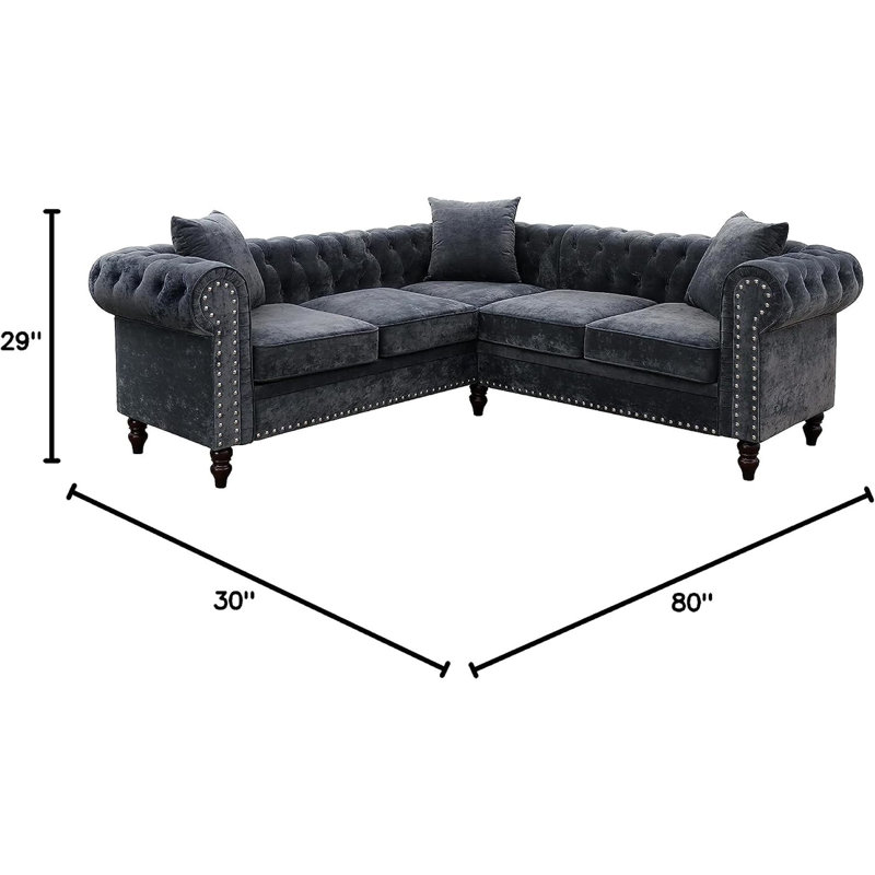 Anibelle 2 - Piece 80" Button Tufted Upholstered Luxury Classic Chesterfield L-Shaped Sofa, Dark Gray Linen Blend