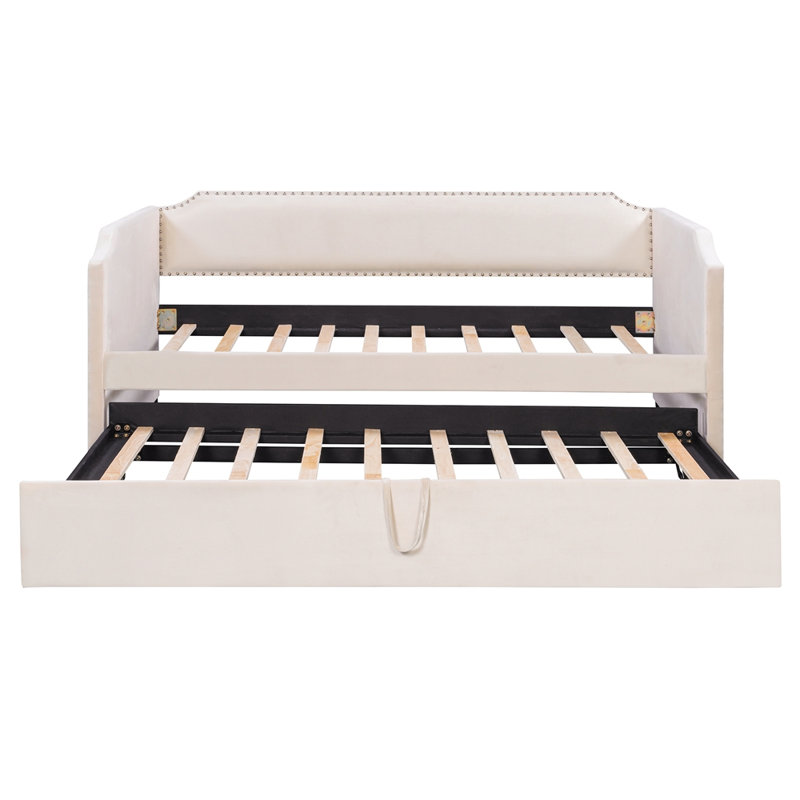 Lit de jour simple en velours rembourré avec lit gigogne, Beige