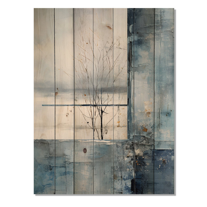 «White and Blue Winter Forest Collage IV», paysage d'hiver sur bois, H 32 po x l 24 po