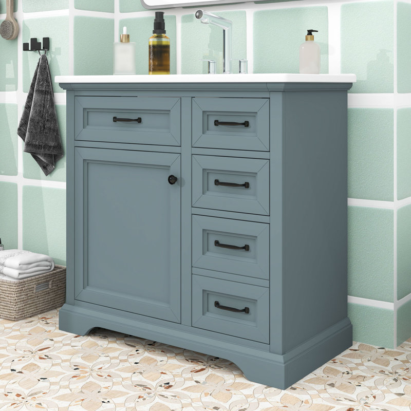 Meuble-lavabo en bois avec lavabo et tiroirs et tablettes de rangement, Bleu gris