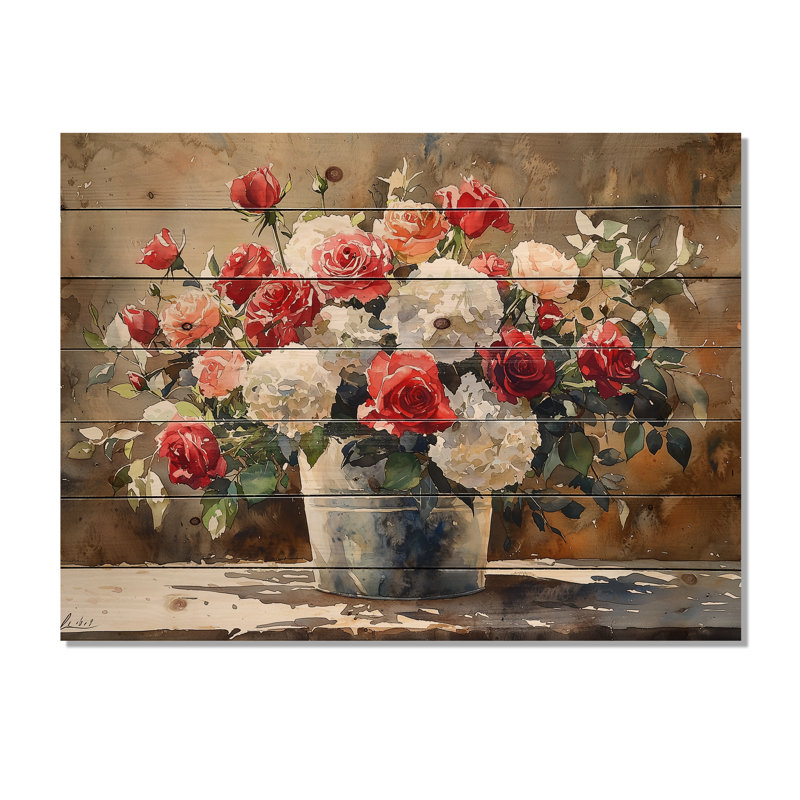 «Barnyard Blossom Arrangement At The Barn I» - Assortiment de bouquets de bois, art mural - sur bois de pin naturel