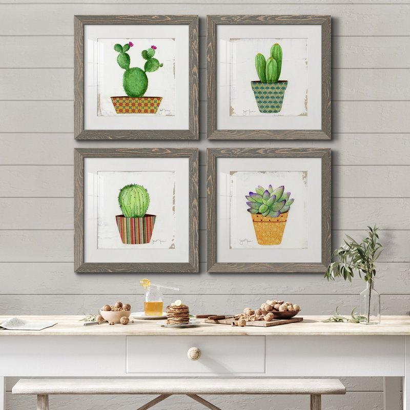 Boho Cacti I - Ensemble de 4 reproductions de cadres photo sur toile, H 27,5 po x l 110 po x P 1,5 po, Gris, Pas de tapis