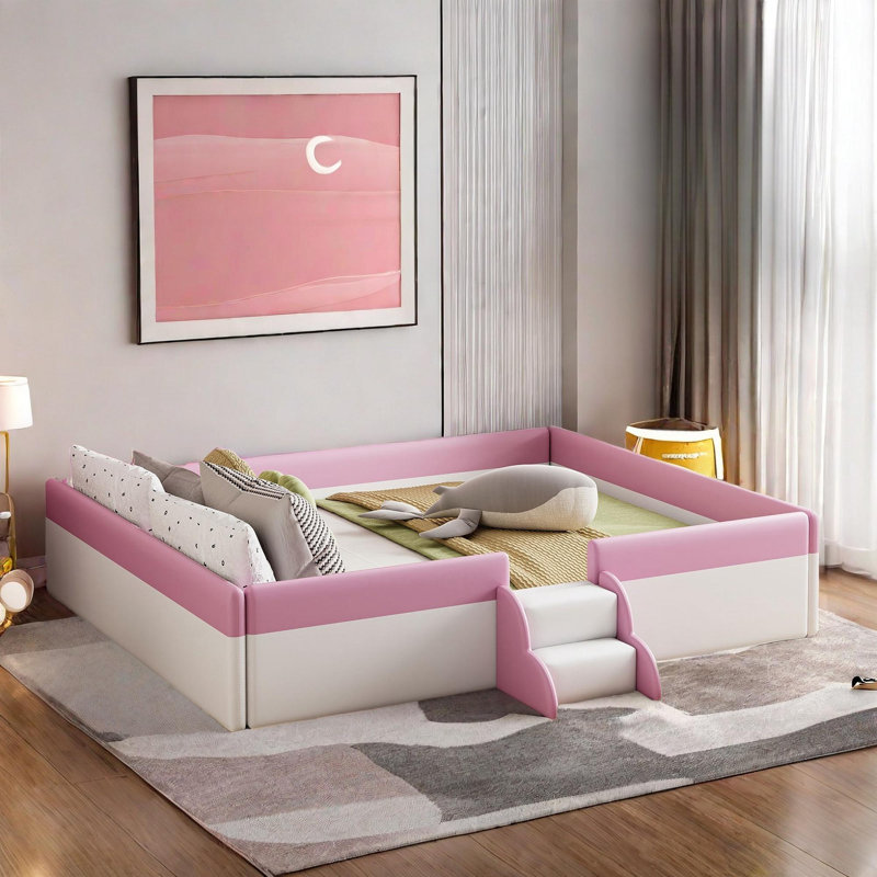 Fun Design Upholstered Keathan  Bed With Fence And Two-tier Stairs, White/Pink, Queen