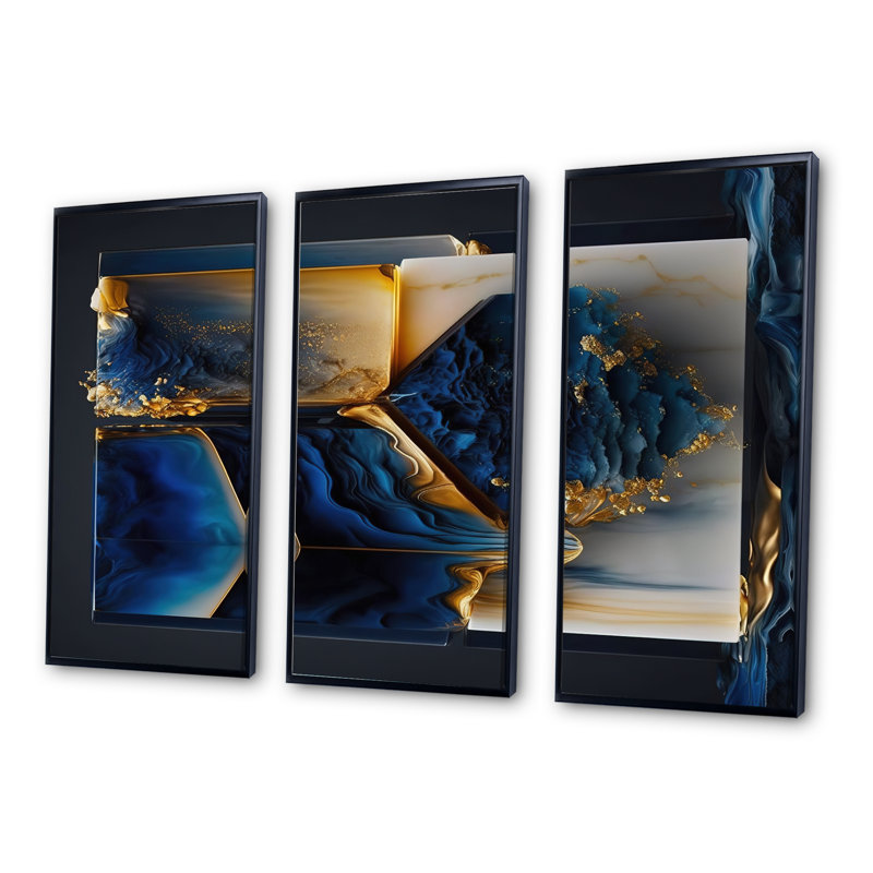 «Abstract Geode Gold and Blue Marble Shape II», reproduction sur toile 3 pièces, H 28 po x l 36 po x P 1 po