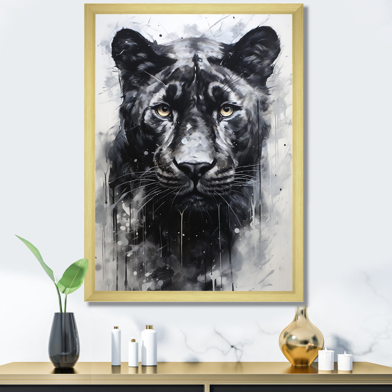 Portrait de panthère noir et blanc, H 20 po x l 12 po x P 1 po, Cadre doré simple
