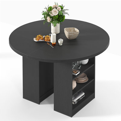59'' Extendable Dining Table For 4-8, Round Kitchen Room Table With 3-tier Storage Racks, Adjustable Shelves