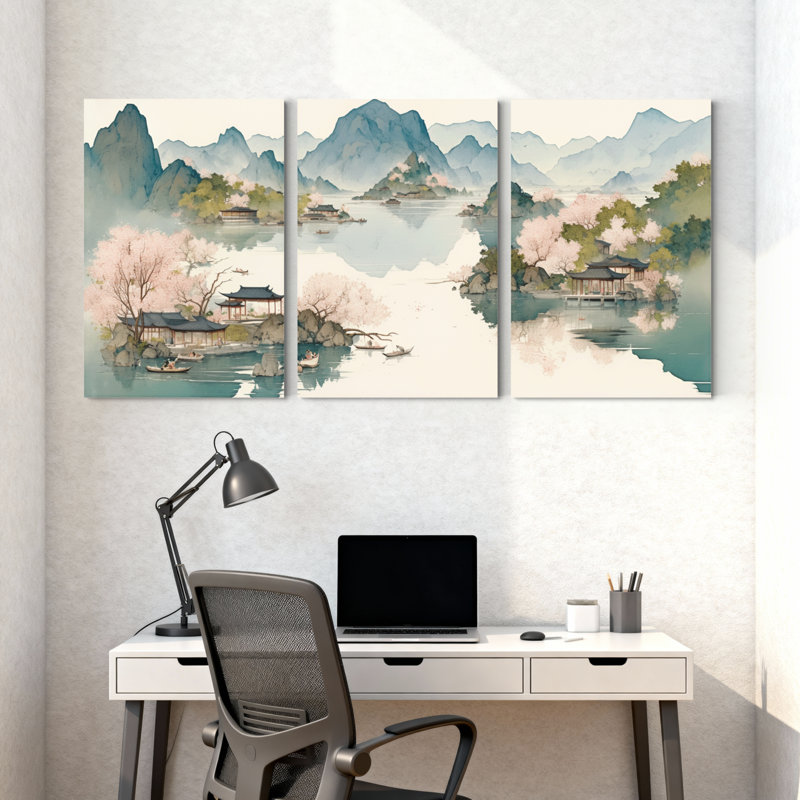 Paysage et nature montagne Lake Pavilion Cherry Blossom, H 24 po x l 48 po