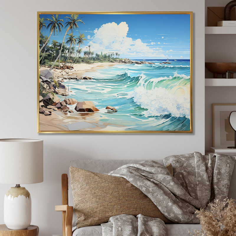 Bleu tropical Serenity II - imprimé, Cadre flottant doré, H 16 po x l 32 po x P 1 po