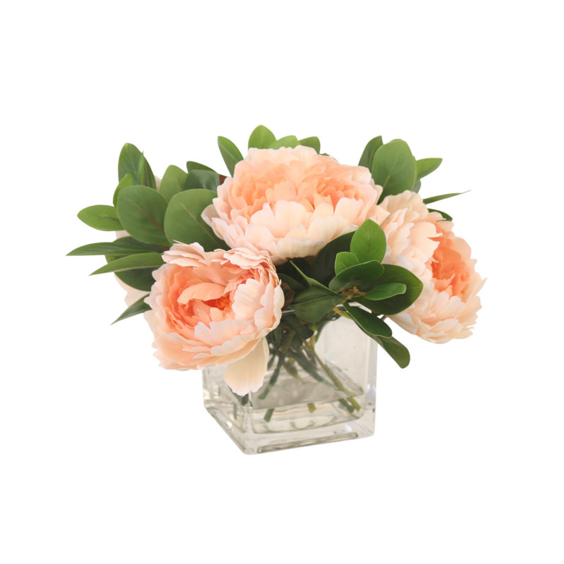 Champagne Peach Peonies in Glass Cube