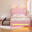 Lit princesse couronne en velours rose avec tête de lit de rangement DEL, 2 tiroirs et station de recharge, cadre de lit plateforme capitonné pour filles, sommier non requis