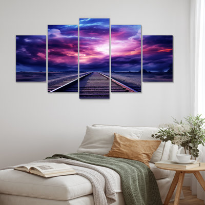 Lavender Train Tracks Fuchsia Sunset I - Train Wall Art Set 5 Piece