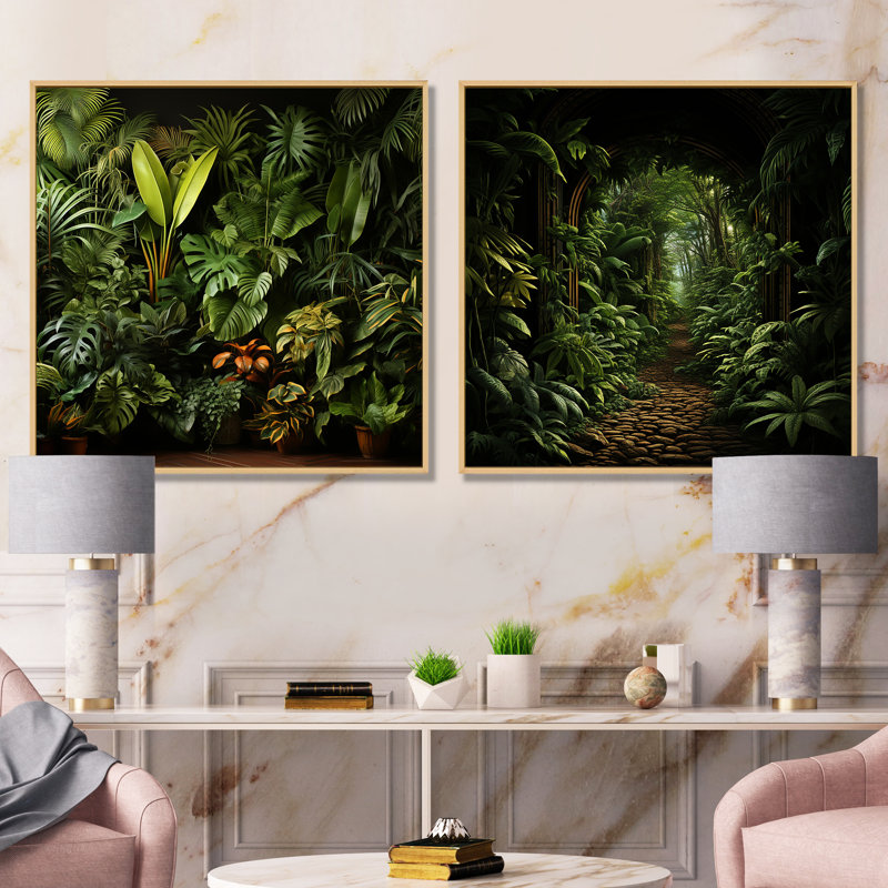 Ensemble de salon mural Jungle Plants Whispers Collage I - Jungle, H 30 po x l 61 po x P 1 po, Cadre flottant brun