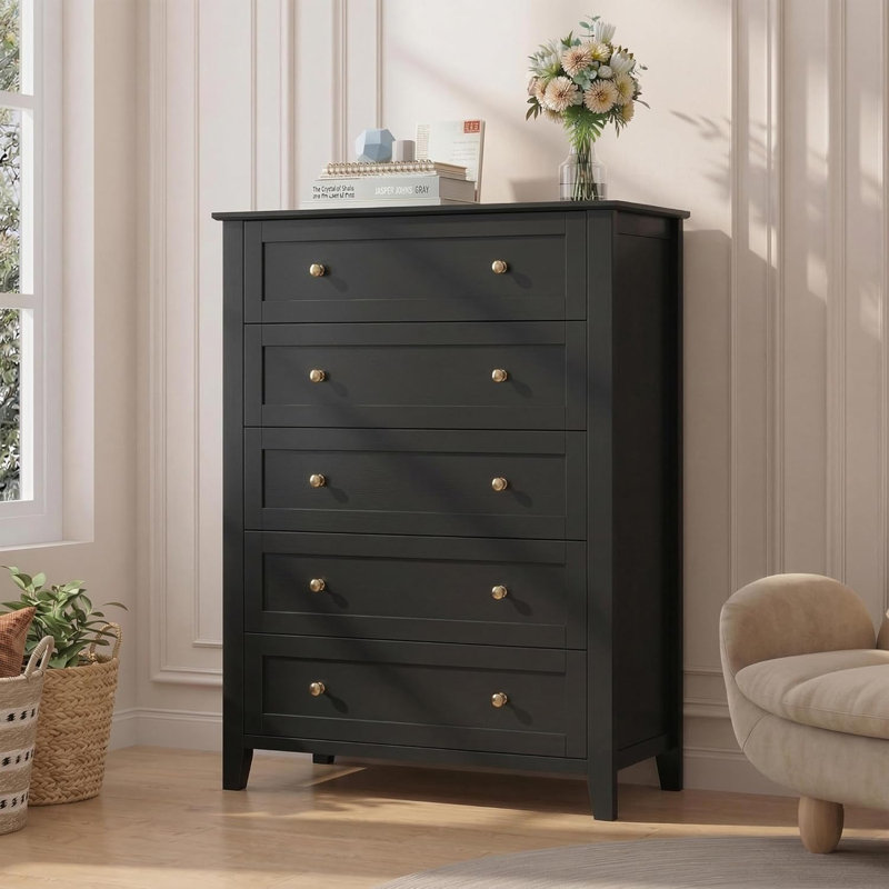 Commode 5 tiroirs pour la chambre à coucher, commode haute de 42,5 po, commode en bois avec poignée en métal, organisateur de rangement pour le couloir et l'entrée, assemblage facile