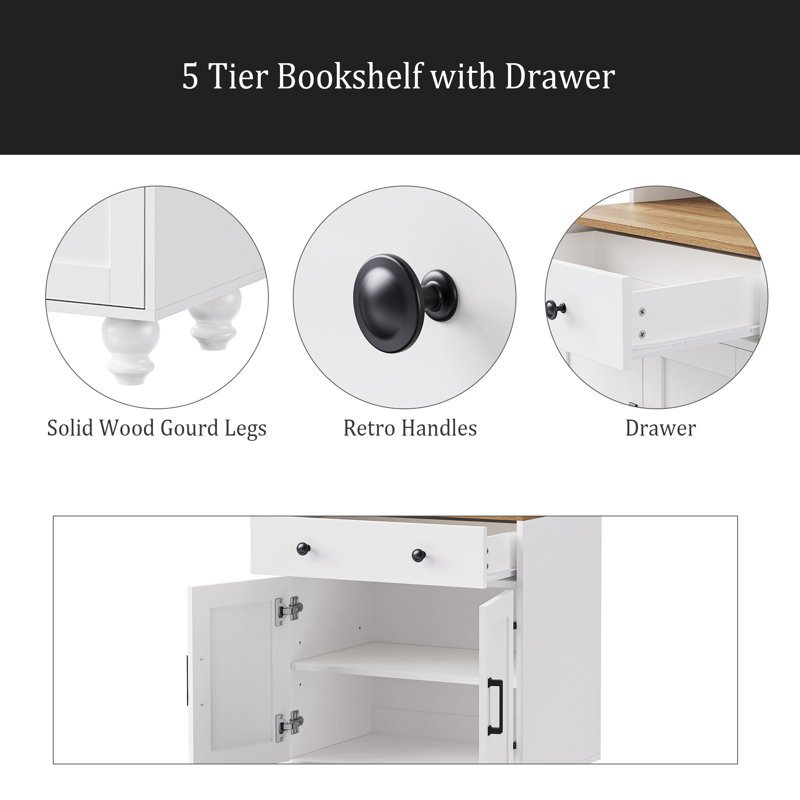 Farmhouse Storage Cabinet With 4 Solid Wood Gourd-Shaped Legs, Modern Kitchen Pantry Cabinet With Adjustable Shelves, 5 Tier Bookshelf With Drawer For Living Room