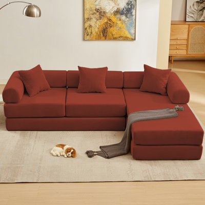 107'' L-Shaped 7-In-1 Corduroy Modular Sofa，4-Seat Oversized Upholstered Sofa, No Assembly DIY Configurable, Folding Convertible Sofa Bed With Side Pockets