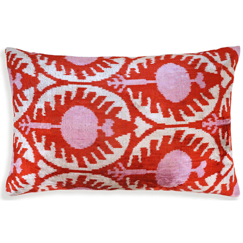 Oreiller en velours rouge et rose - coussin lombaire fait à la main 16 x 24 po