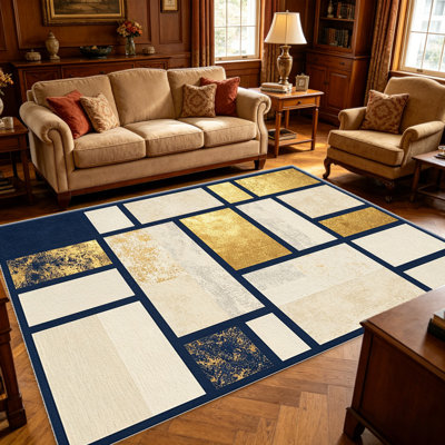 Tapis carrés bleus et dorés de couleur marine pour le salon, doux et confortable, convient à toutes les saisons, facile à entretenir, tapis d'intérieur lavable à la machine, sous la ferme pour la chambre à coucher, la salle à manger, le bureau, le patio, le balcon, la décoration intérieure