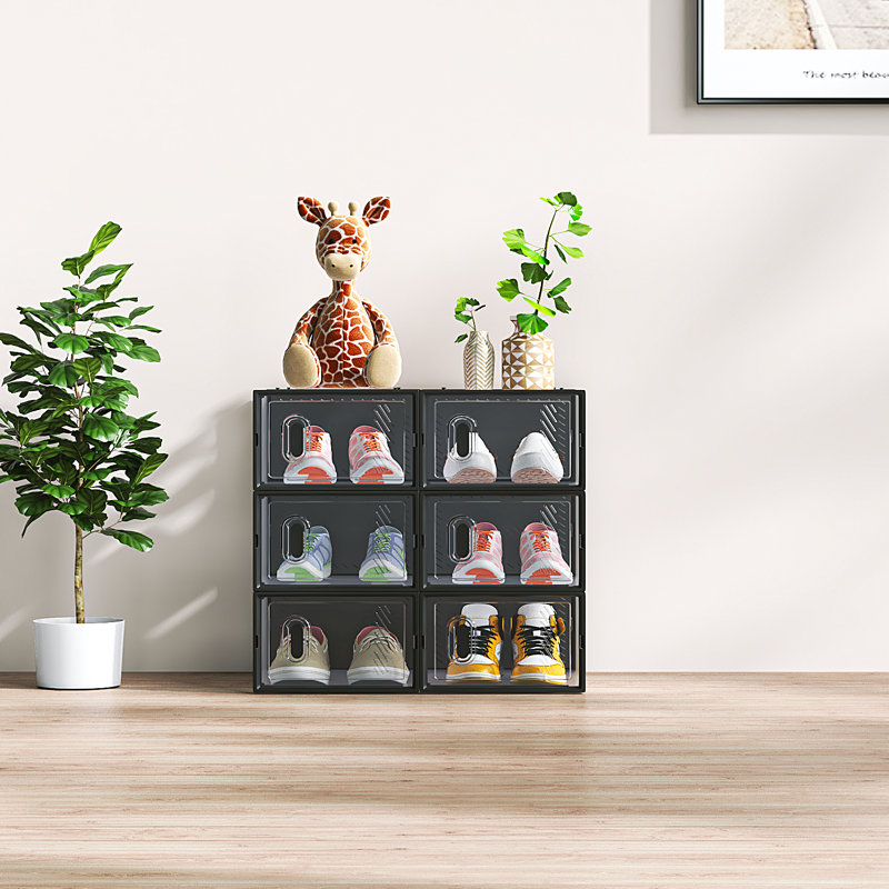 Black Shoe Storage Box Organizers Stackable (Set Of 6)