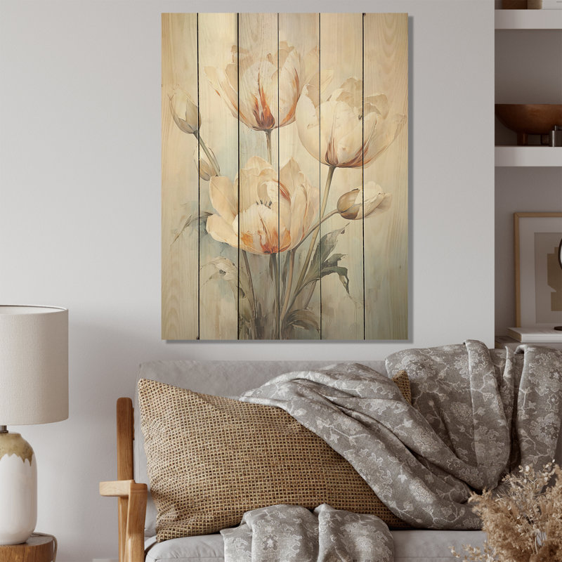 Minimalisme, tulipes beiges, symphonie - tulipes, art mural sur bois de pin naturel, H 20 po x l 10 po