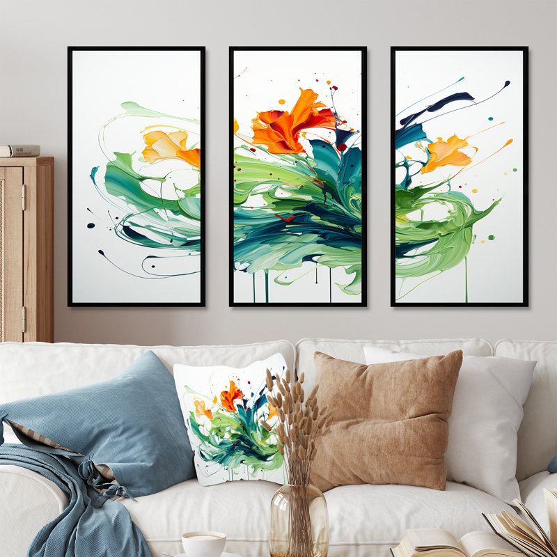 «Green and White Abstract Expression», peinture d'art abstrait IV, H 28 po x l 36 po x P 1 po, Cadre flottant noir