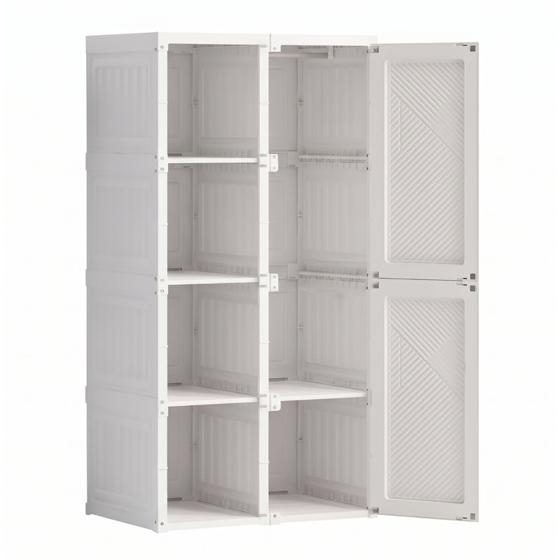 69/104cm W Folding Wardrobe Closet with Hanging Rail, Portable Plastic Clothes Organiser with Magnetic Doors, 136/170cm H, White & Translucent