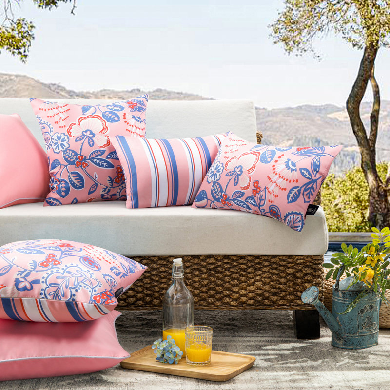 Light Pink and Blue Floral Outdoor Throw Pillow Set