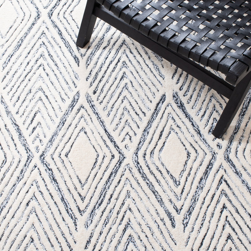 Tapis géométrique abstrait en laine / coton touffeté à la main gris / ivoire, Rectangle 9 pi x 12 pi