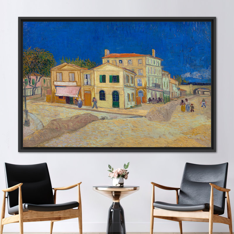 «Van Gogh House Reproduction - Street Landscape», reproduction de peinture à l'huile sur toile, Cadre flottant noir