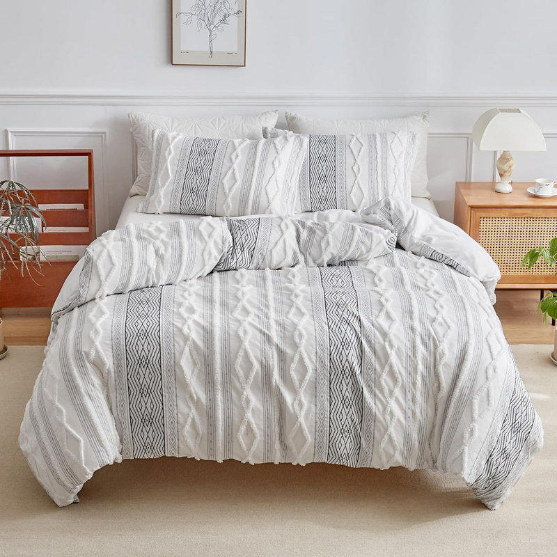 Ensemble de housse de couette Soft Shabby Elegance Boho Literie Ensembles d'édredon capitonné noir et blanc
