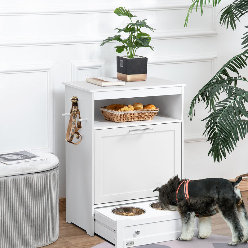 Armoire blanche pour animaux, contenant pour nourriture pour chien avec bols surélevés et cintre, rangement polyvalent: armoire pratique