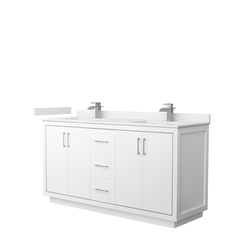 Meuble-lavabo double autoportant 66 po avec plateau en quartz 66 po, WDX13321, Blanc, Noir mat