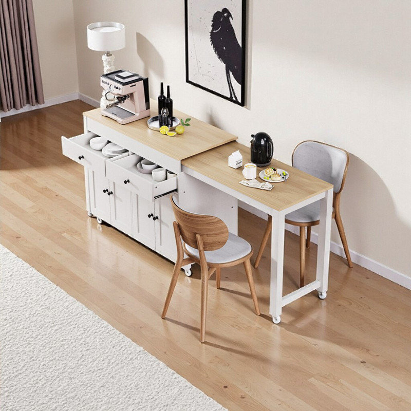 74.5 Inch Extendable Kitchen Island With Dining Table Rolling Storage Cart On Wheels 4-Door Cabinet & 2 Drawers