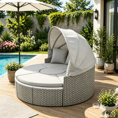 Ensemble de canapé modulaire d'extérieur rond en rotin à deux tons avec auvent rétractable