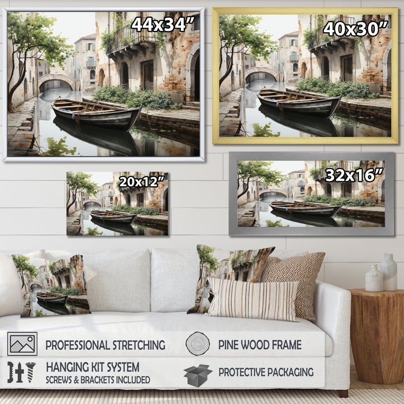 Canal Quiet Passage Charcoal II - reproduction sur toile, H 30 po x l 40 po x P 1,5 po, Cadre flottant doré