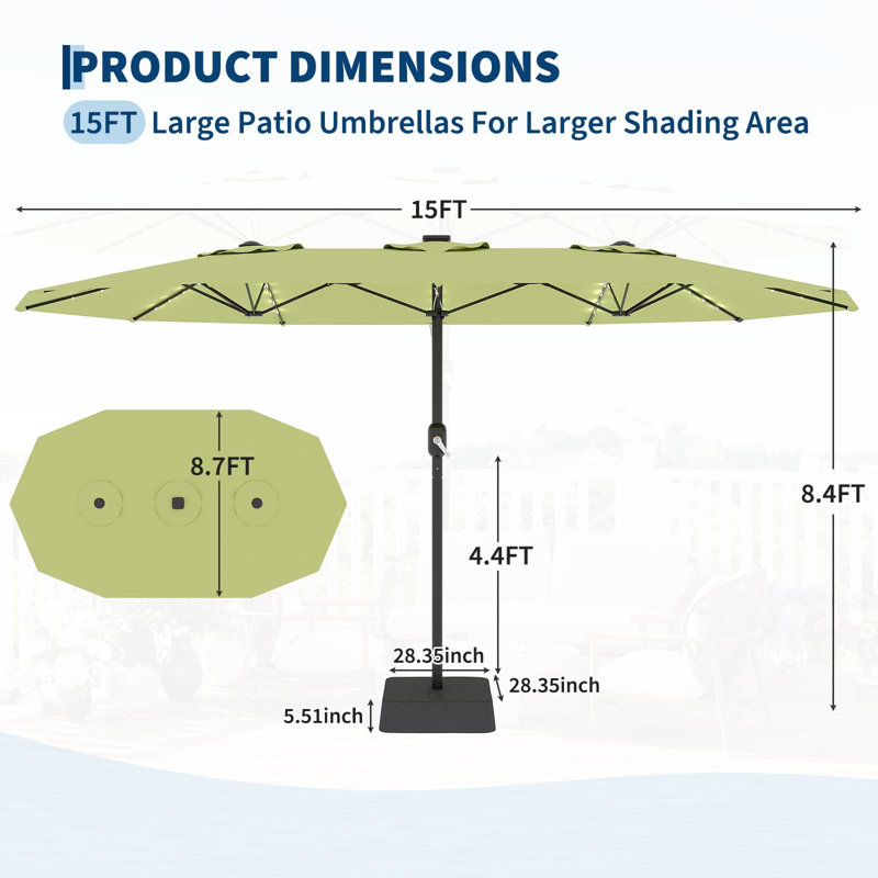 Parasol de patio rectangulaire avec lumières et base solaires, grand parasol de patio de 15 pi x 8,7 pi avec manivelle, protection UV pour la cour extérieure, terrasse, vert