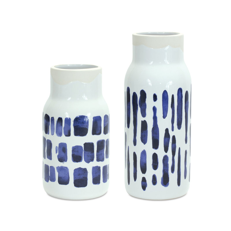 Ensemble de deux vases de table ronds en céramique bleu et blanc 10 po