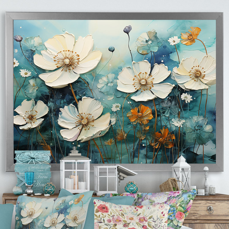 «Misty Flower Meadows» sur toile, Cadre simple argenté, H 34 po x l 44 po x P 1,5 po