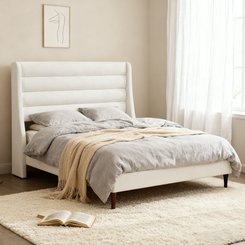 Lit plateforme en tissu d'ameublement avec tête de lit Chenille, Grand