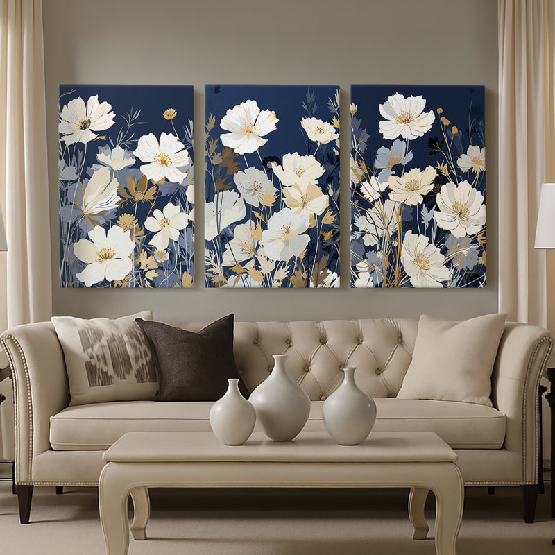 FLORAL Series CCCCLXXXXI - Toile tendue sur mesure - 3 pièces, H 27 po x l 54 po