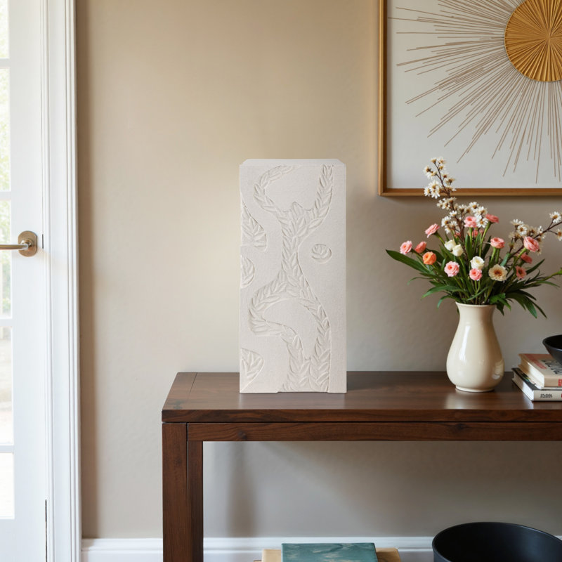 Wood Carved Plaster Pedestal Sculpture Accent - Figurine Style Statues And Decorative Objects For Home Decor And Living Room - Ivory