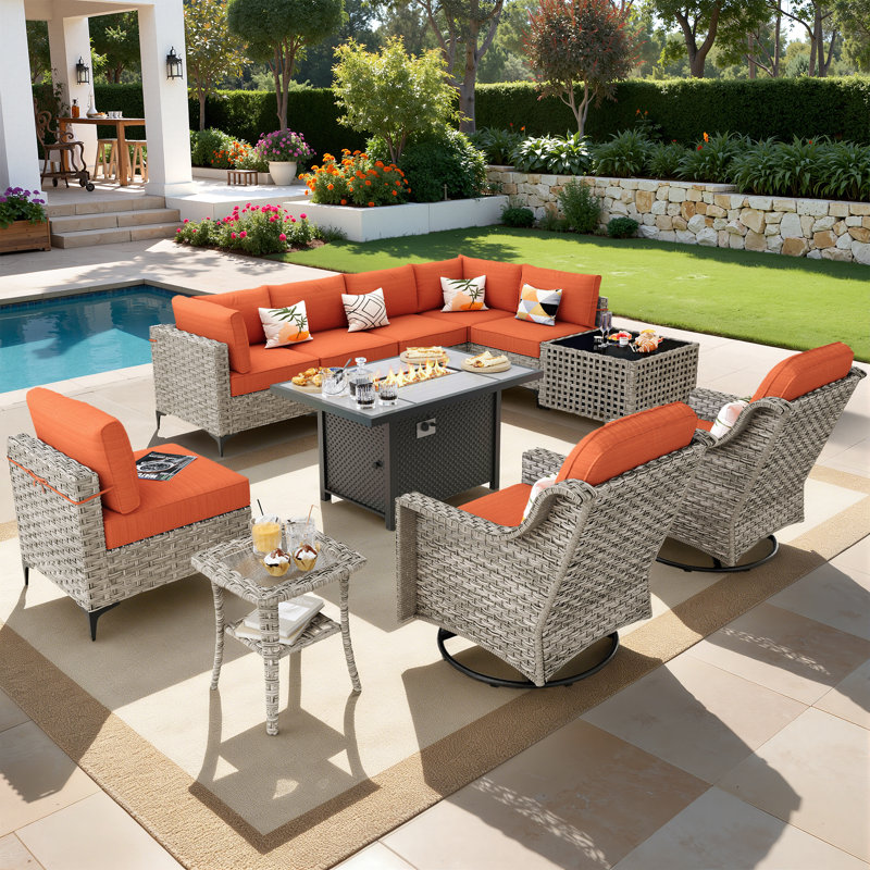 Ensemble de conversation modulaire en osier avec coussins 11 pièces Emroy, Orange-rouge, Oui