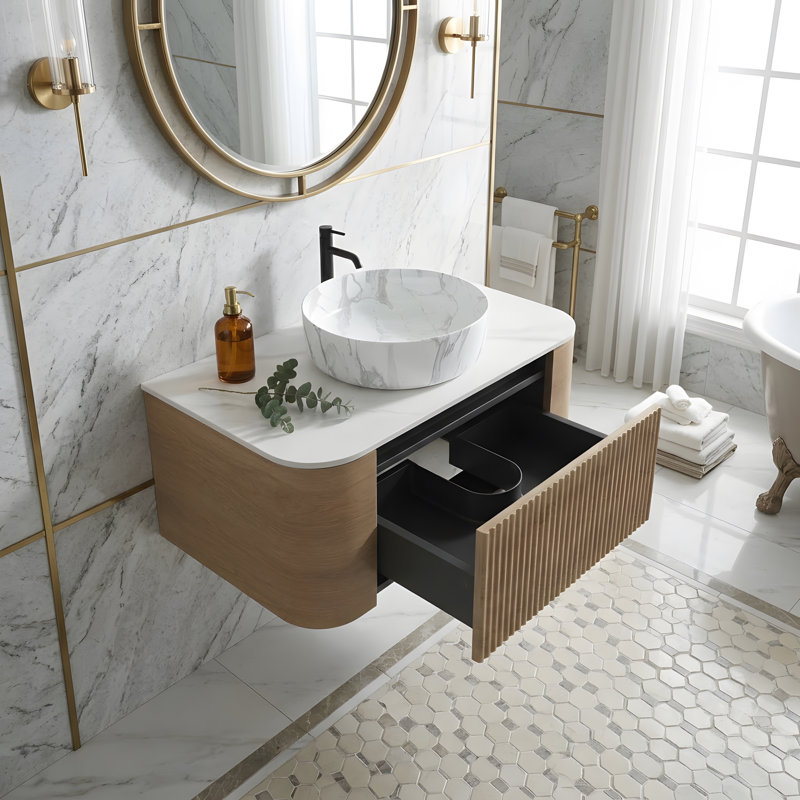 Meuble-lavabo mural de 76 cm (30 pouces) avec lavabo rond à rayures blanc Carrara et tiroir de rangement, Honey Oak, 30