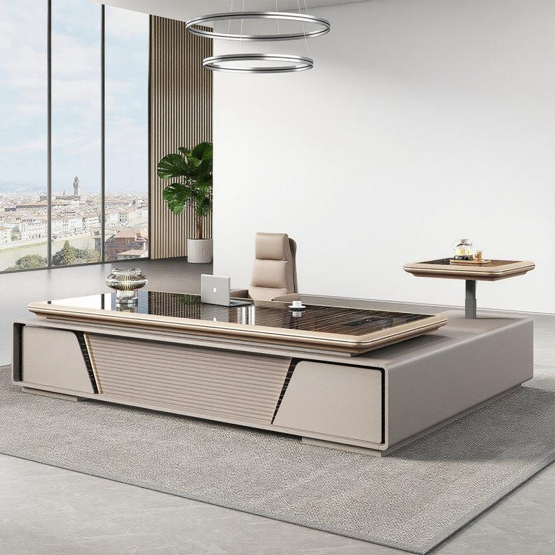 Bureau de direction multifonctionnel de luxe léger de 260 cm (102,36 po) – Armoire latérale à hauteur réglable électriquement avec boîtier de câbles multimédia et serrure à combinaison, bureau de direction à double rangement latéral