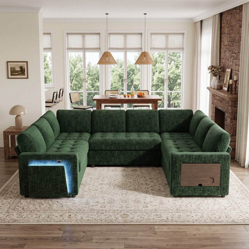 Canapé modulaire inclinable en U de 102 po Earp avec lit escamotable, rangement caché, ports USB et lumière DEL, canapé convertible multifonctionnel en chenille pour le salon