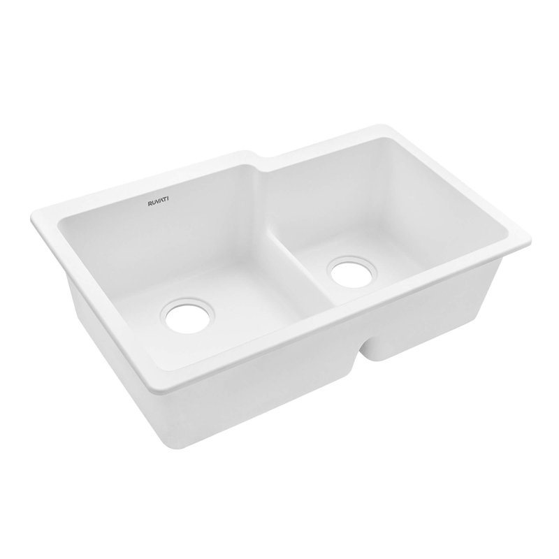 Évier de cuisine encastré à double cuve en granite composite 33 x 20 po Ruvati, Blanc arctique