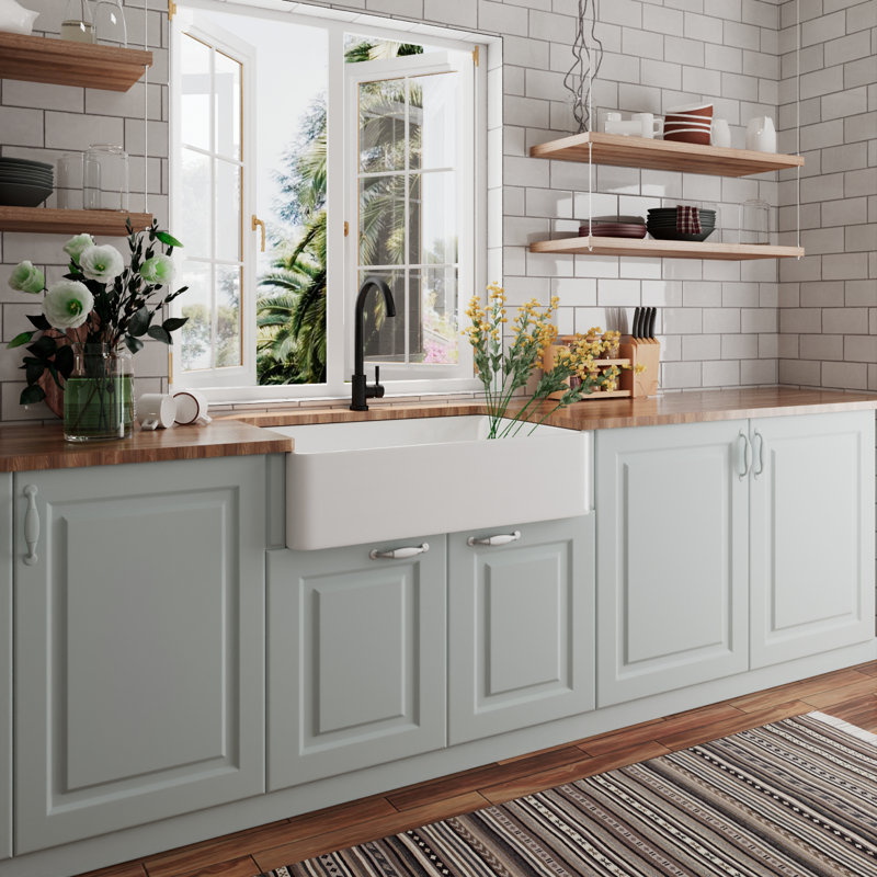 Feast 33" L x 20" W Single Bowl Farmhouse Kitchen Sink with Sink Grid and Basket Strainer, White