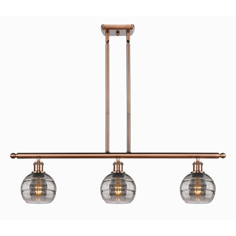 Luminaire suspendu pour îlot de cuisine à 3 lumières Chartoff, Gris fumée clair, Cuivre antique